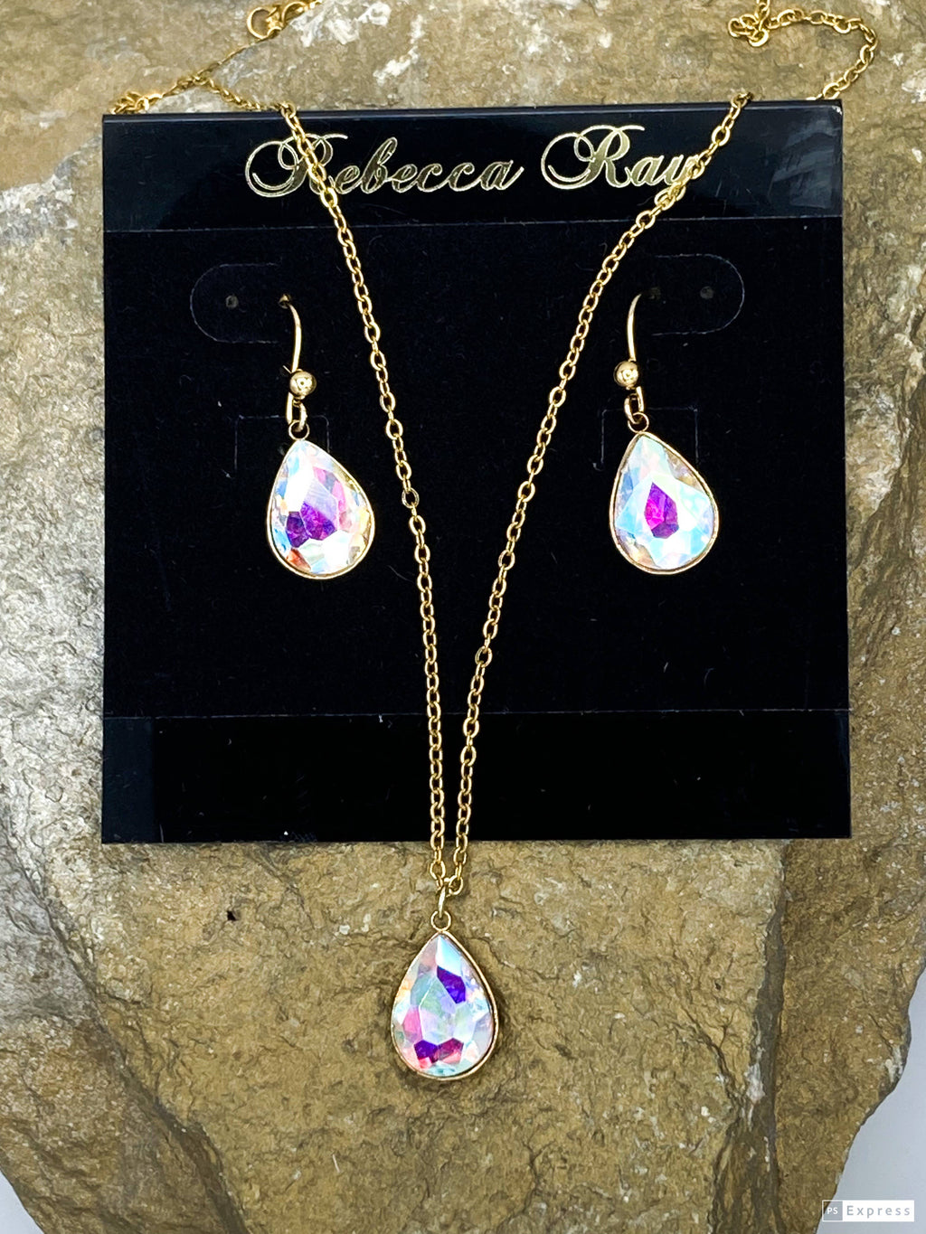 Gold Necklace/ Earring Set with Crystal Teardrops