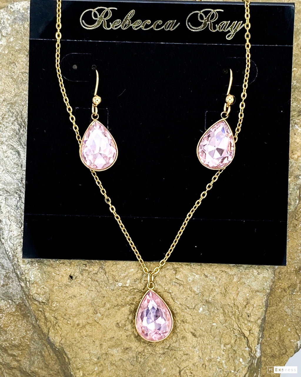 Gold Necklace/ Earring Set with Crystal Teardrops