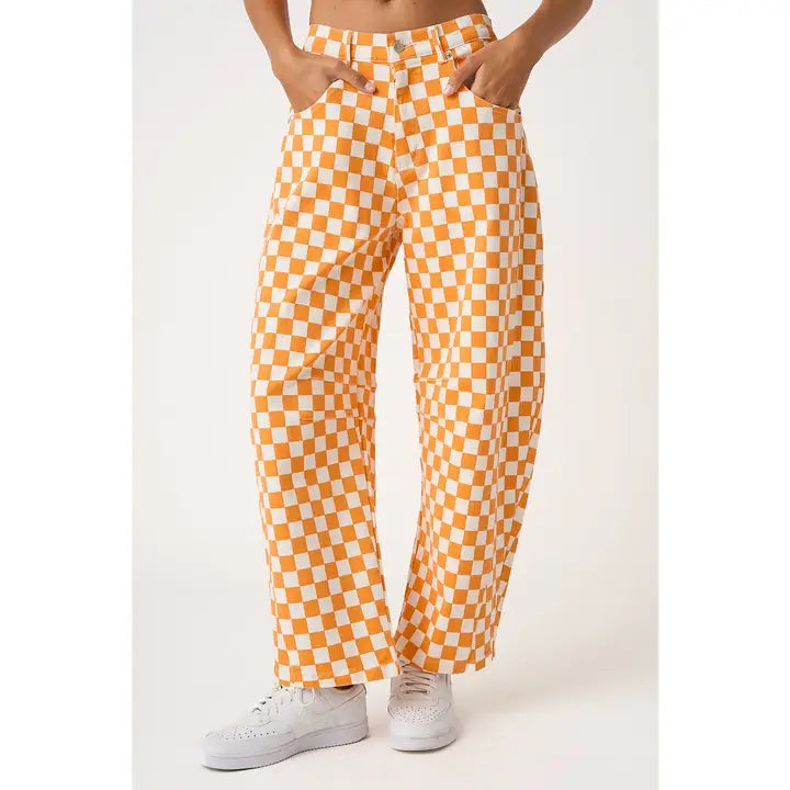 Orange and White Checkerboard Barrel Pants