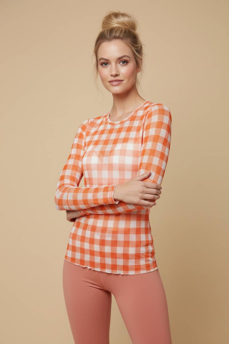 ORANGE AND WHITE CHECKERBOARD LONG SLEEVE MESH TOP