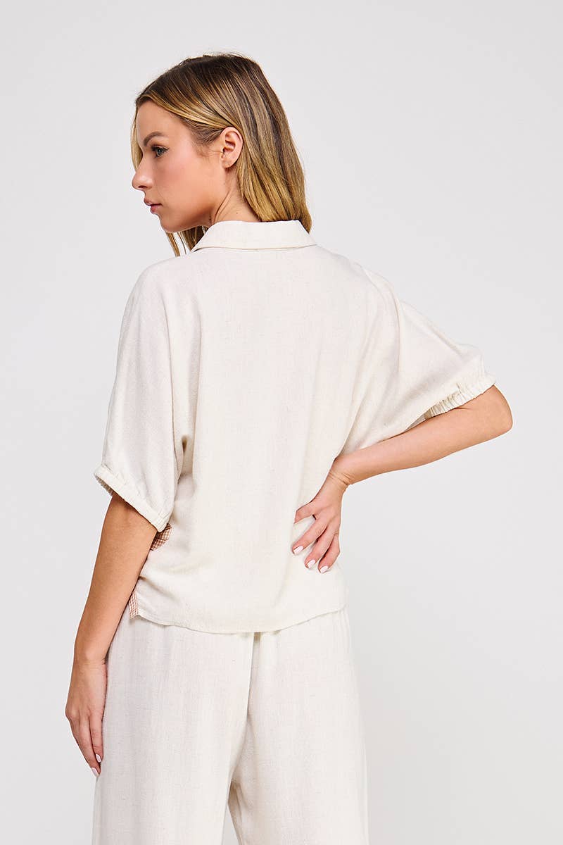 Soft Linen Dolman Elastic Short Sleeve Button up Shirt