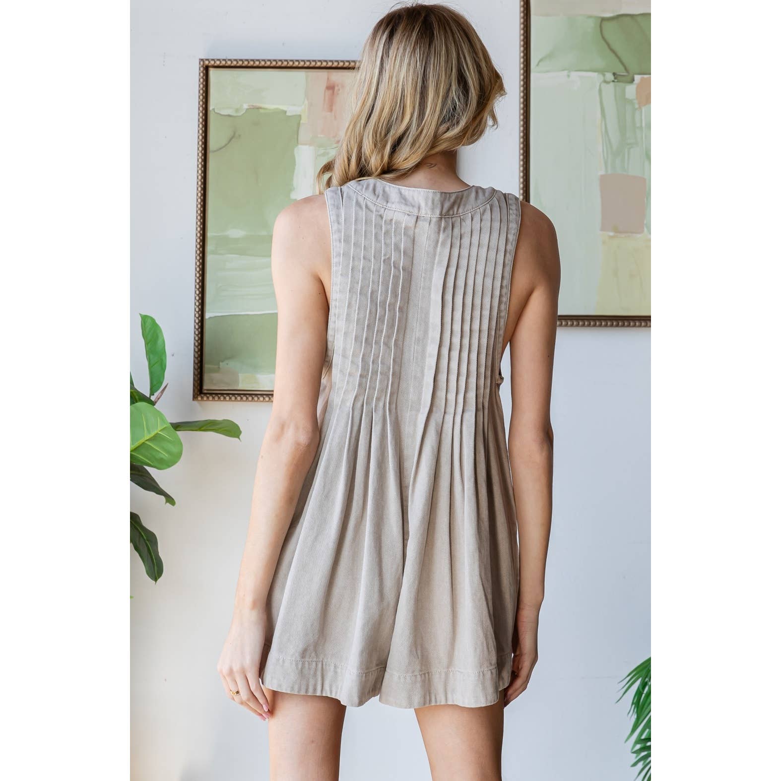Front Pleated V Neck Sleeveless Denim Romper