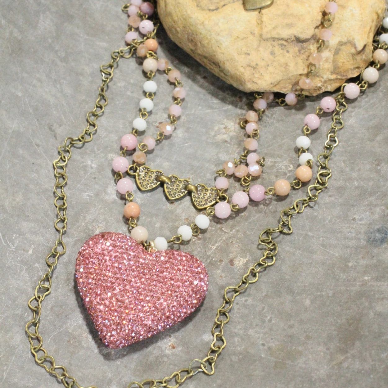 The Primitive Peddler - Triple Layered Sparkling Pink Heart Necklace