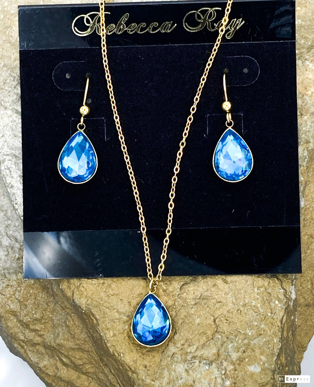 Gold Necklace/ Earring Set with Crystal Teardrops