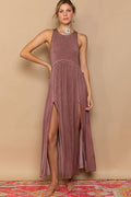 Sleeveless racerback back zipper front slit knit maxi dress