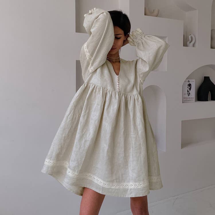 Cotton linen French V-neck lantern sleeve dress