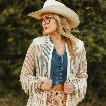 Lucky & Blessed - Ivory Lazer Cut Fringe Leather Mesh Tier Jacket