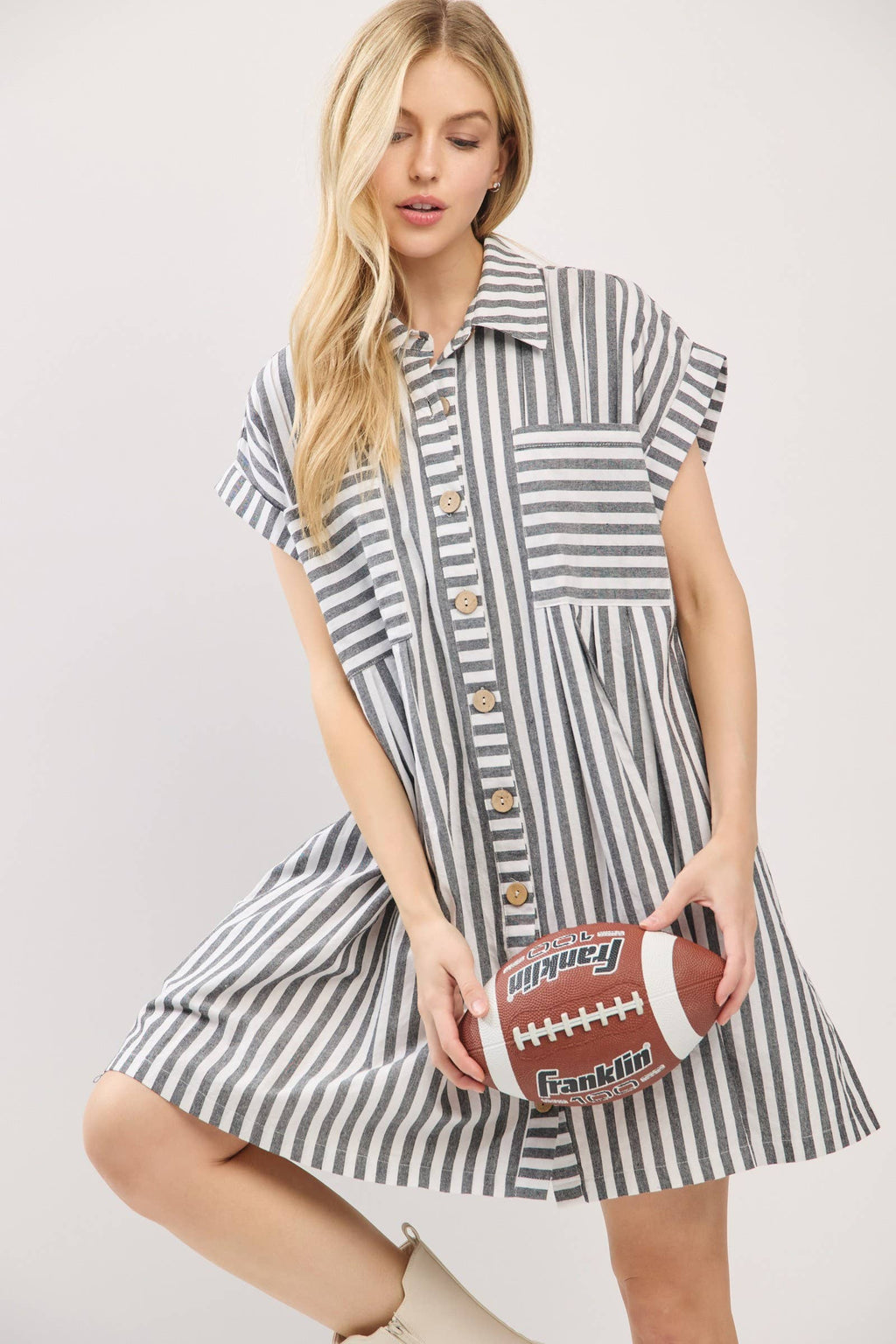 COTTON STRIPED BUTTON DOWN TUNIC DRESS