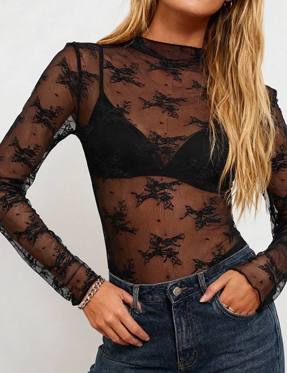 Lux Layering Floral Lace See Through Mesh Top SKT151