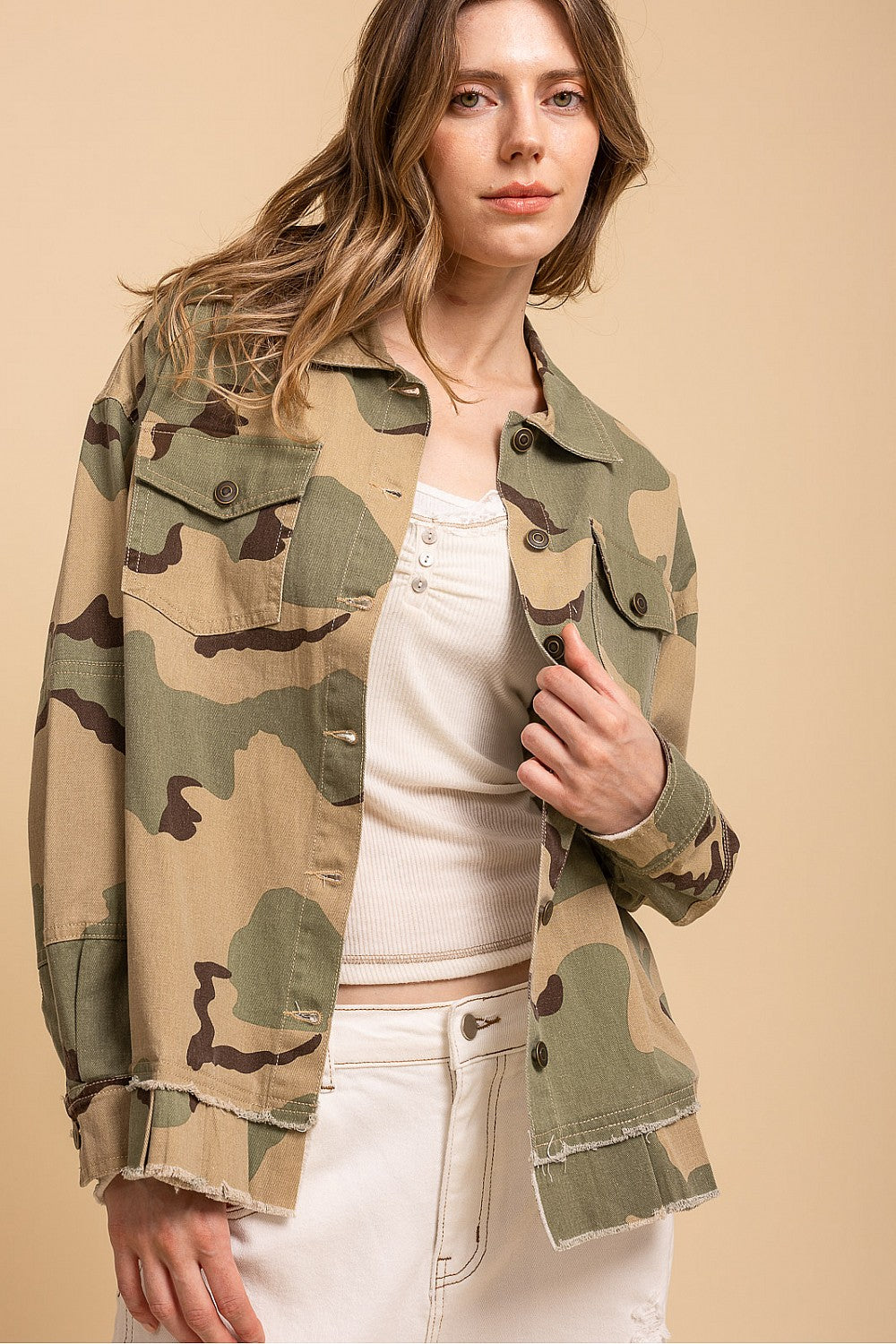 Blue Velvet - CAMOUFLAGE PEACE PATCH FRILLED JACKET
