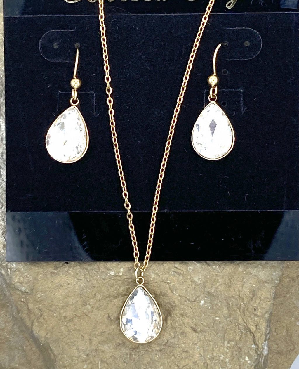 Gold Necklace/ Earring Set with Crystal Teardrops