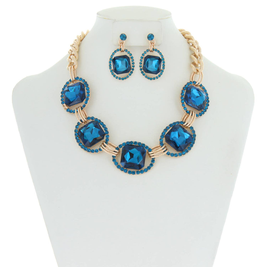 Chunky Oval Rhinestone Gem Link Necklace Set