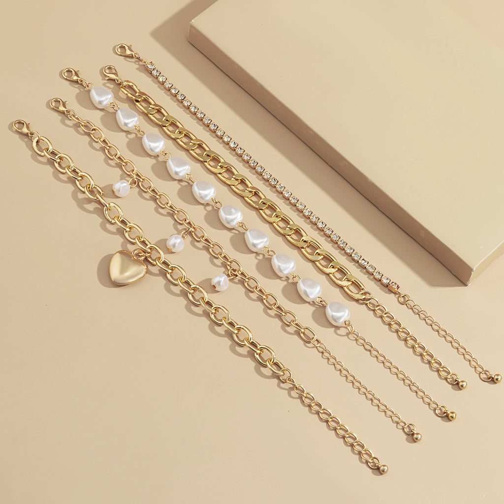 Valentine Heart Pearl Beaded Multi Layered Bracelet Set