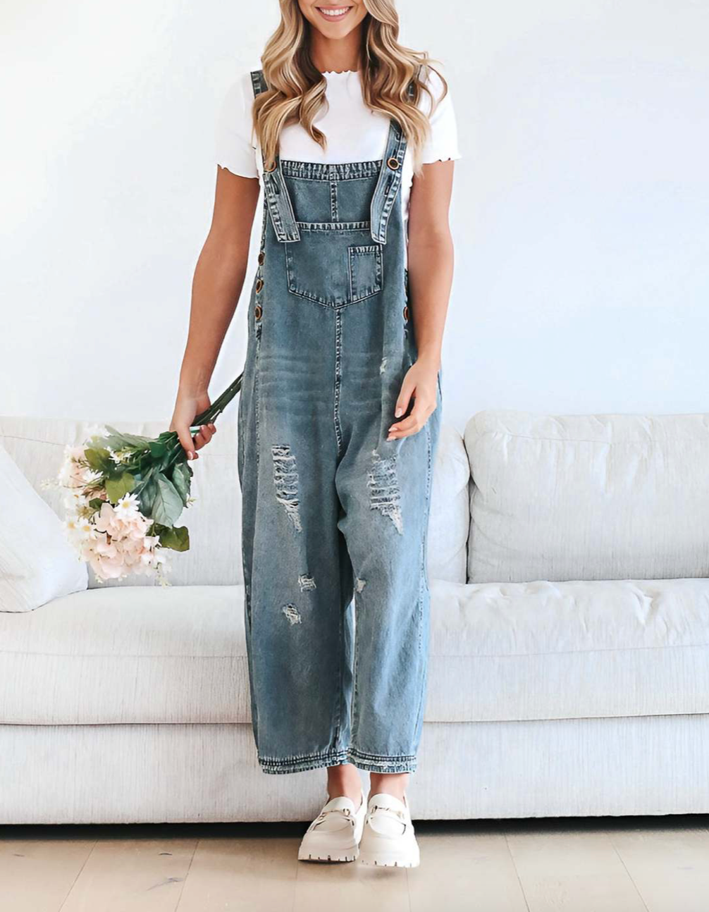 Women's Wide Leg Jumpsuit with Ripped Details Denim Overalls