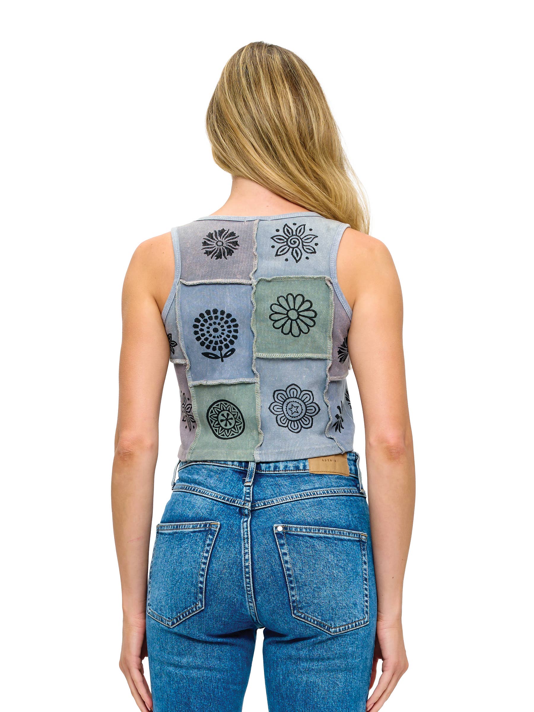 Boho Patchwork Ribbed Crop Tank Top Art Painted