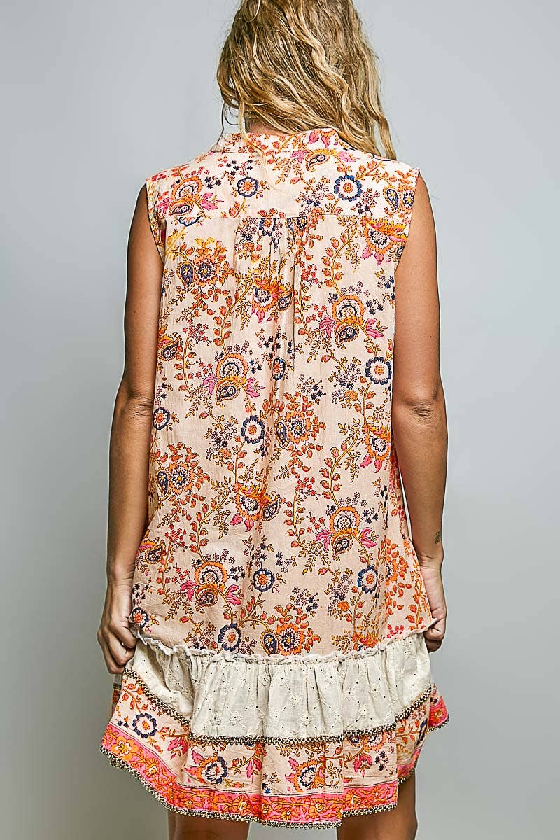 Sleeveless Printed Pintuck Spangle Button Down Dress