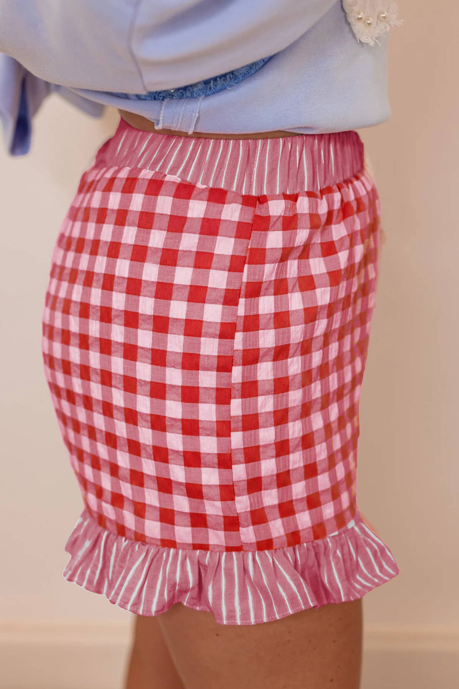66 Floral Striped Ruffle Hem Lace Tie Shorts (S-XL)