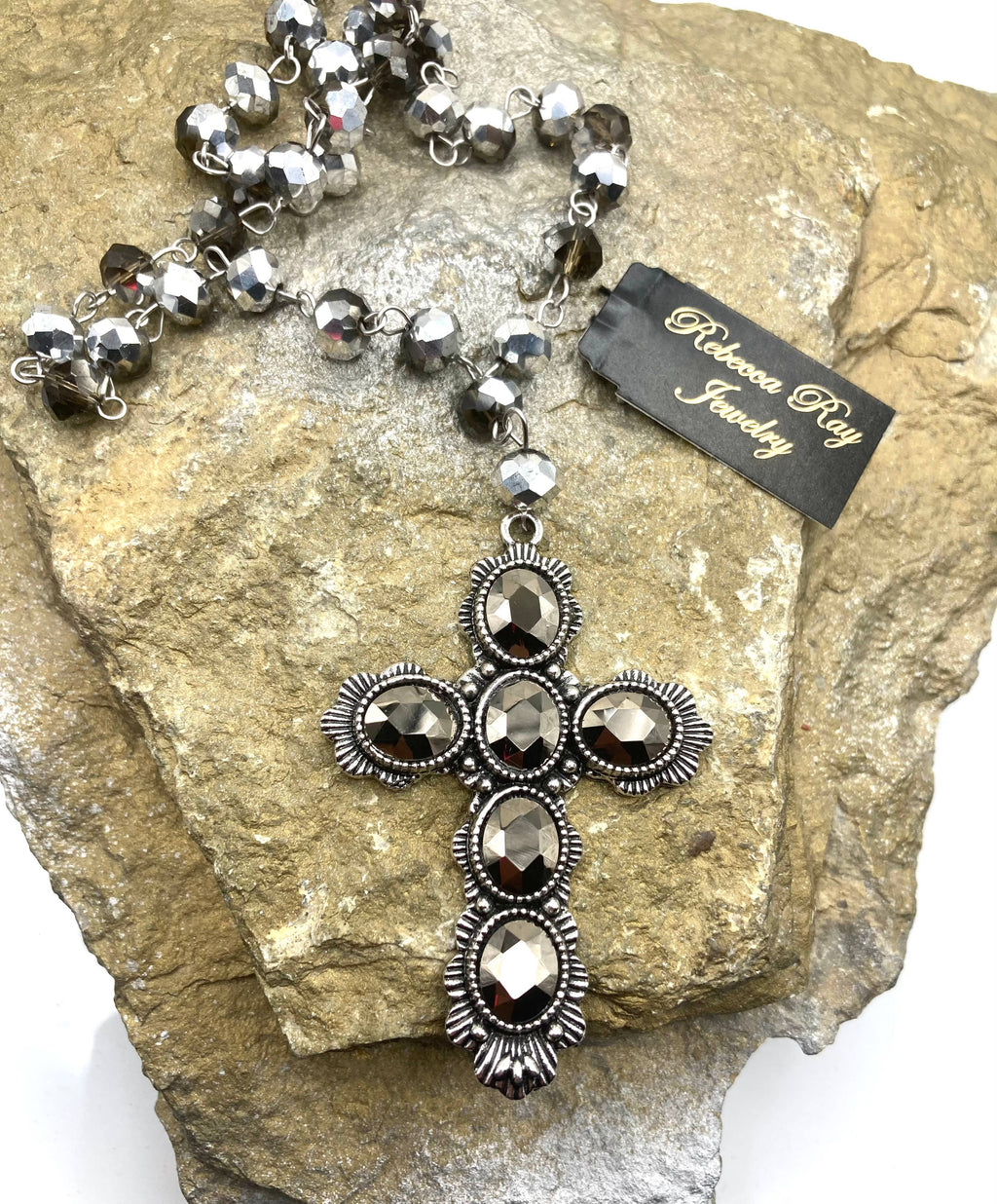 Vintage Crystal Beaded Hematite Cross Necklace