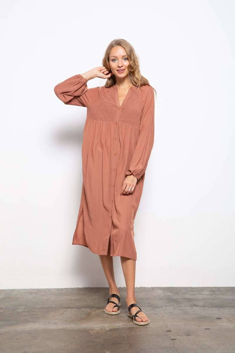 SMOCKING DETAIL FRONT BUTTON DOWN SHIRT DRESS