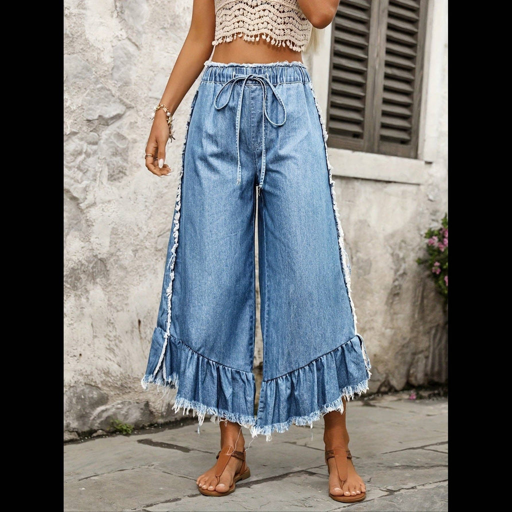 Women's Tie Drawstring Elastic Waist Wide Leg Jeans