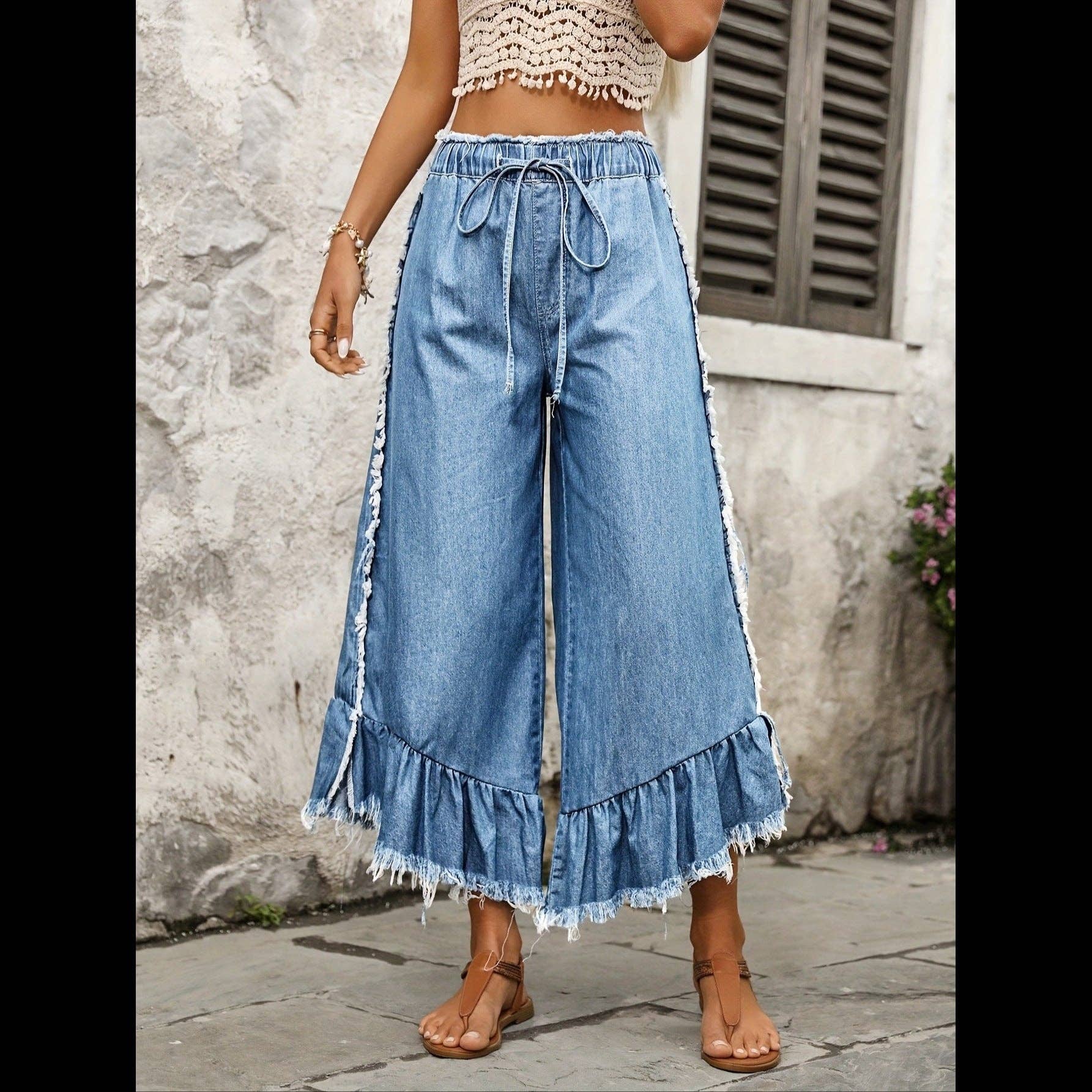 Women's Tie Drawstring Elastic Waist Wide Leg Jeans