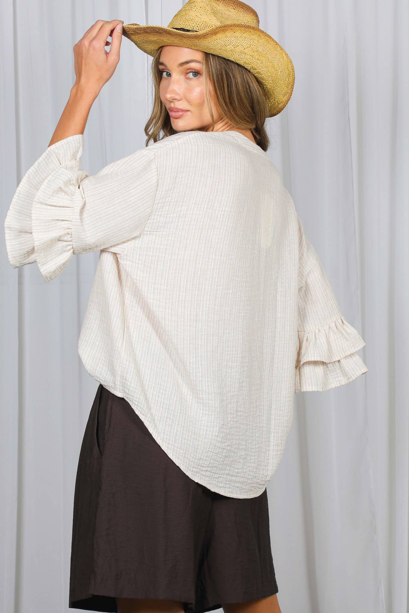 Striped V-Neck Ruffle Accent 3/4 Sleeve Blouse Top VT83352