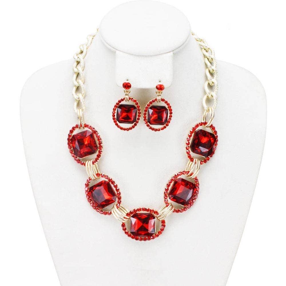 Chunky Oval Rhinestone Gem Link Necklace Set