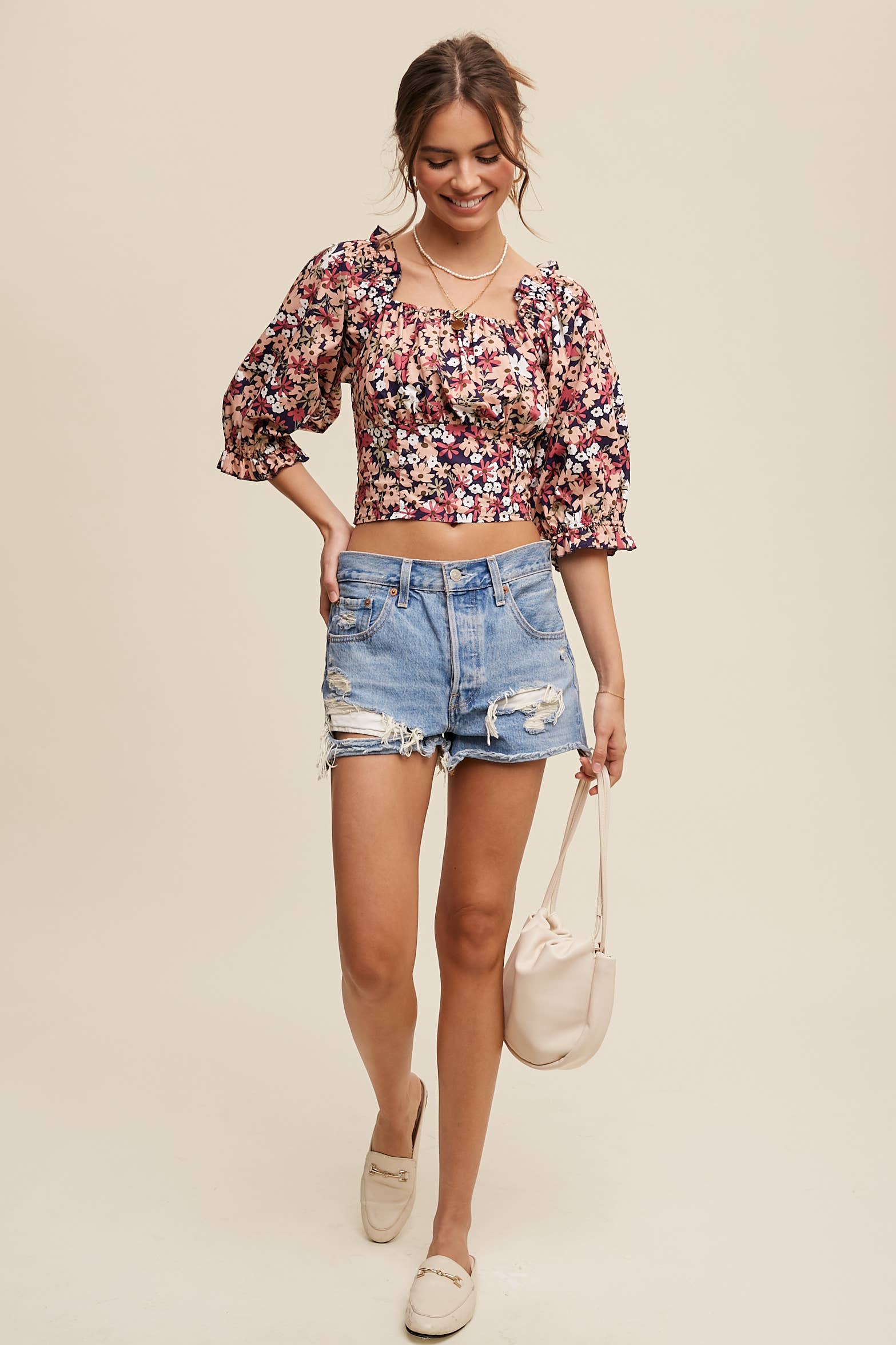 Floral Puff Sleeve Smocked Crop Top