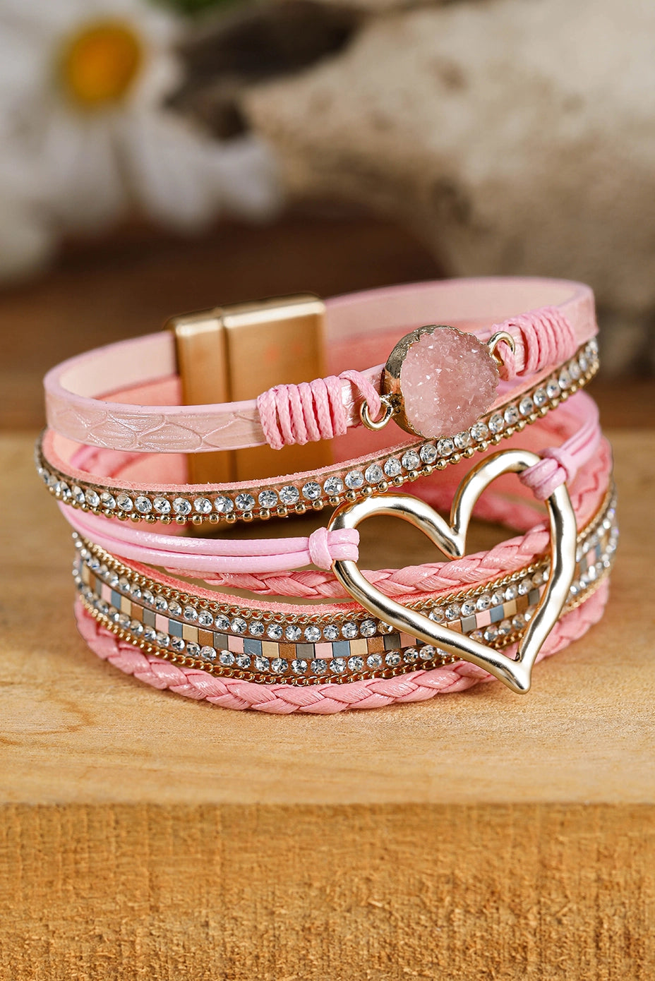 Valentine Bohemian Heart Rhinestone Magnetic Buckle Bracelet
