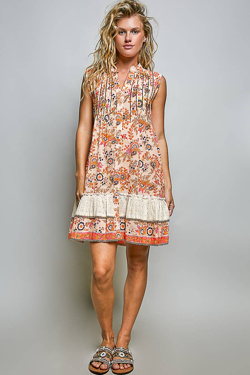 Sleeveless Printed Pintuck Spangle Button Down Dress