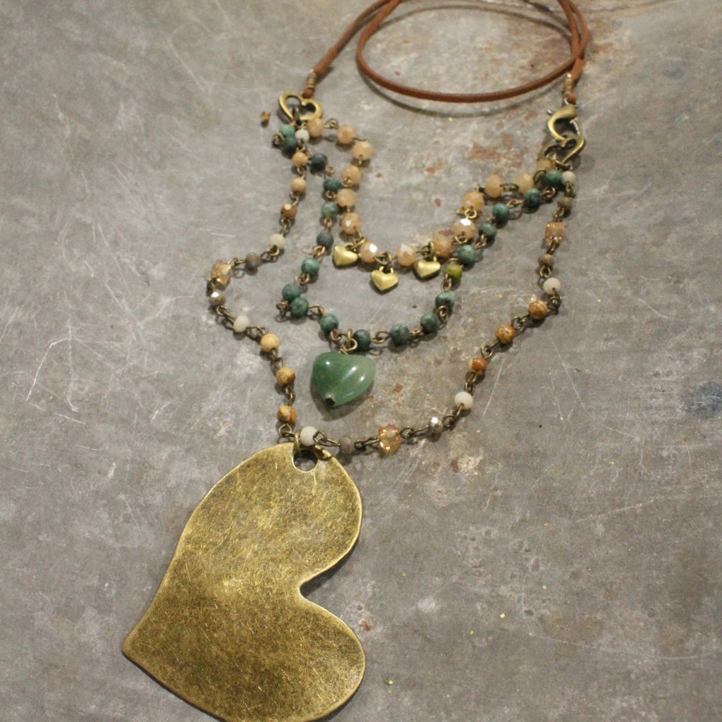 The Primitive Peddler - Layers of Love Jasper & Bronze Heart Necklace