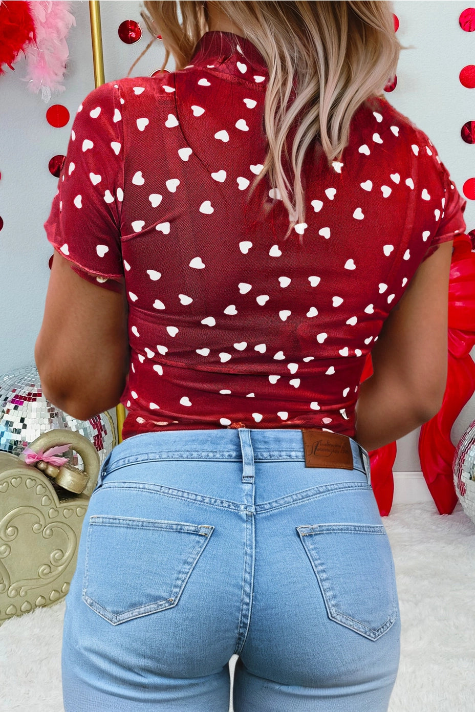 Hearts Allover Mock Neck Mesh Valentine's Day Top