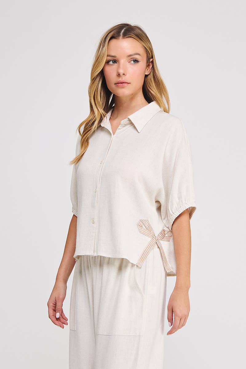 Soft Linen Dolman Elastic Short Sleeve Button up Shirt
