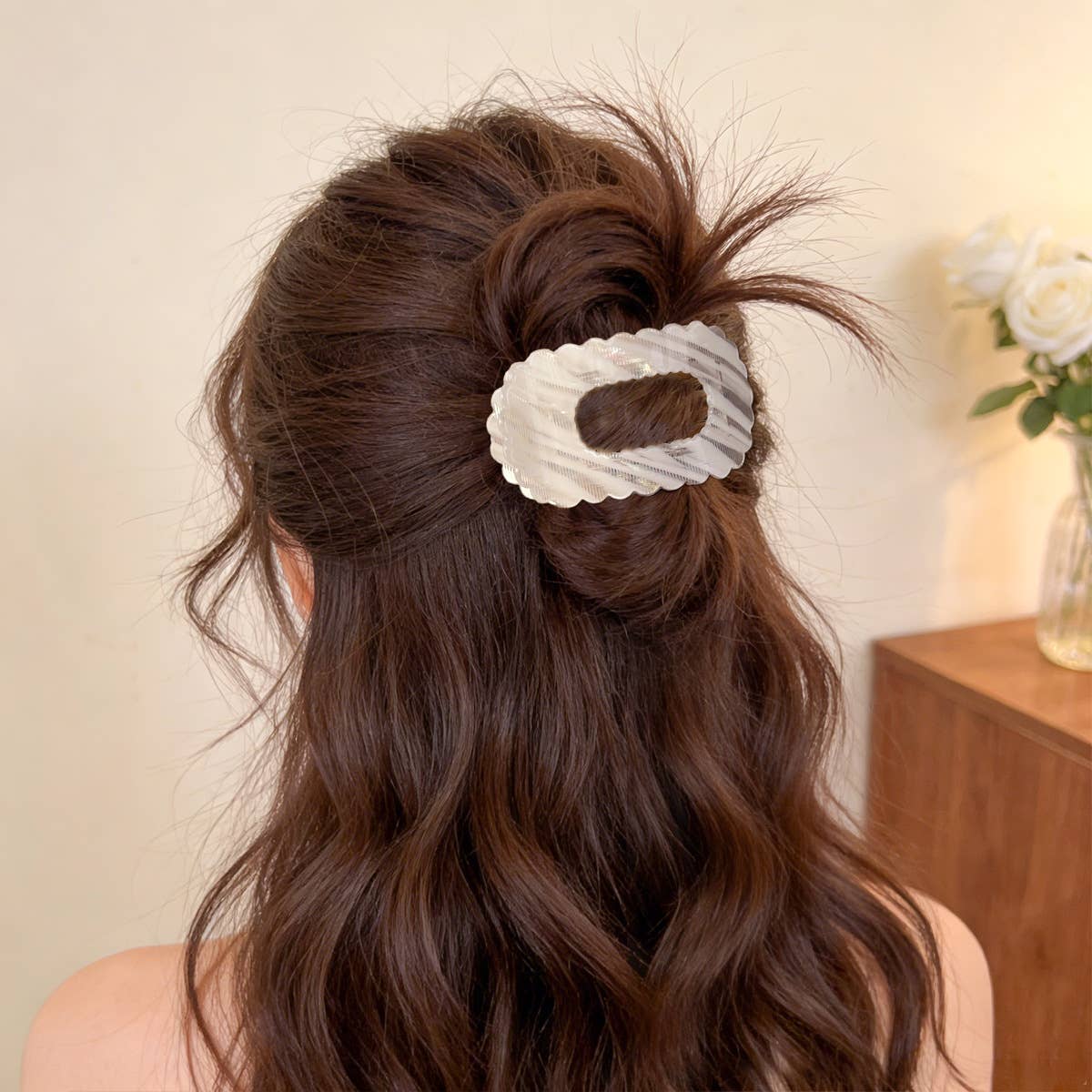 Iridescent Striped Hair Clips Scalloped Rectangle Barrettes
