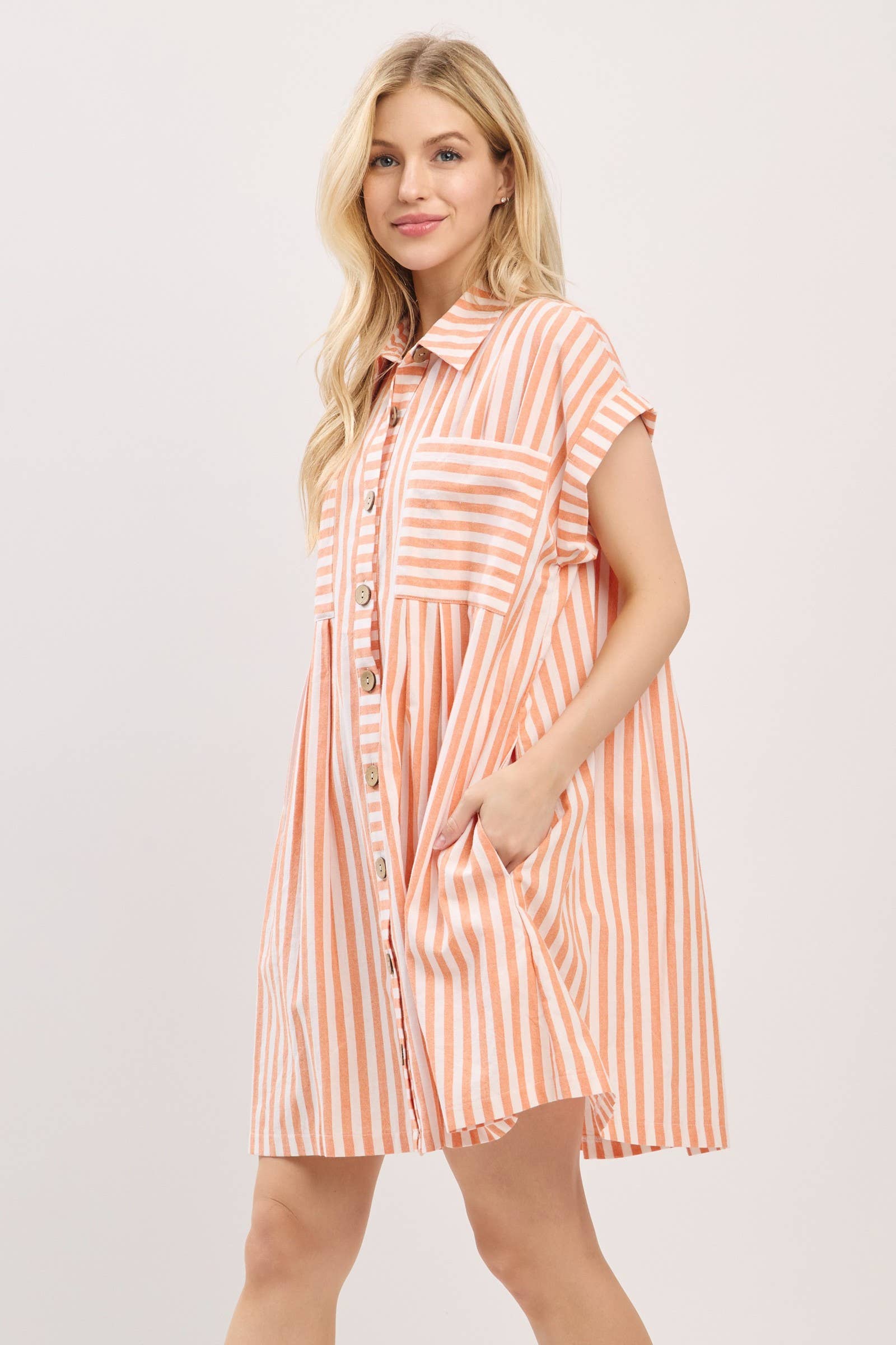 COTTON STRIPED BUTTON DOWN TUNIC DRESS