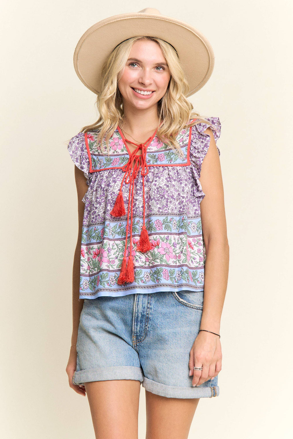 BOHO CONTRAST PRINT BLOUSE- LET2729