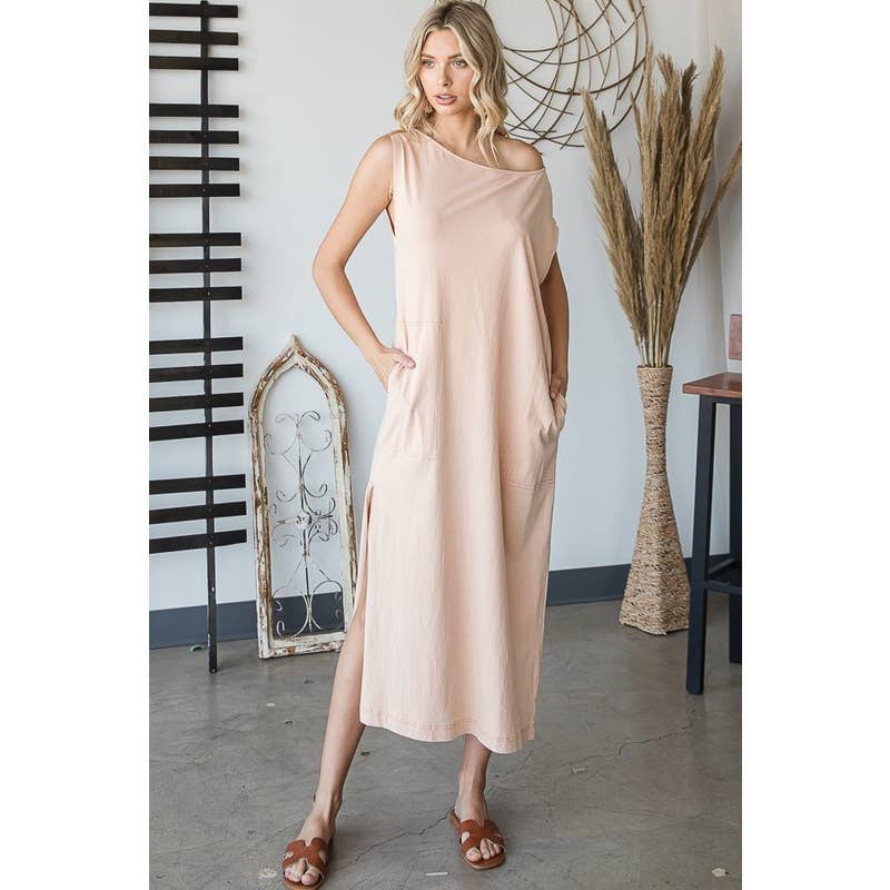 WASHED COTTON SLEEVELESS OVERSIZED MIDI DRESS