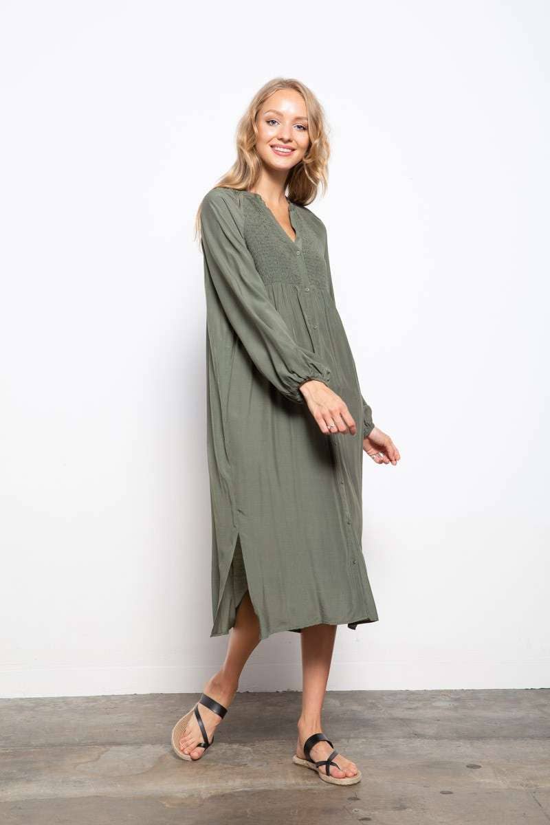 SMOCKING DETAIL FRONT BUTTON DOWN SHIRT DRESS