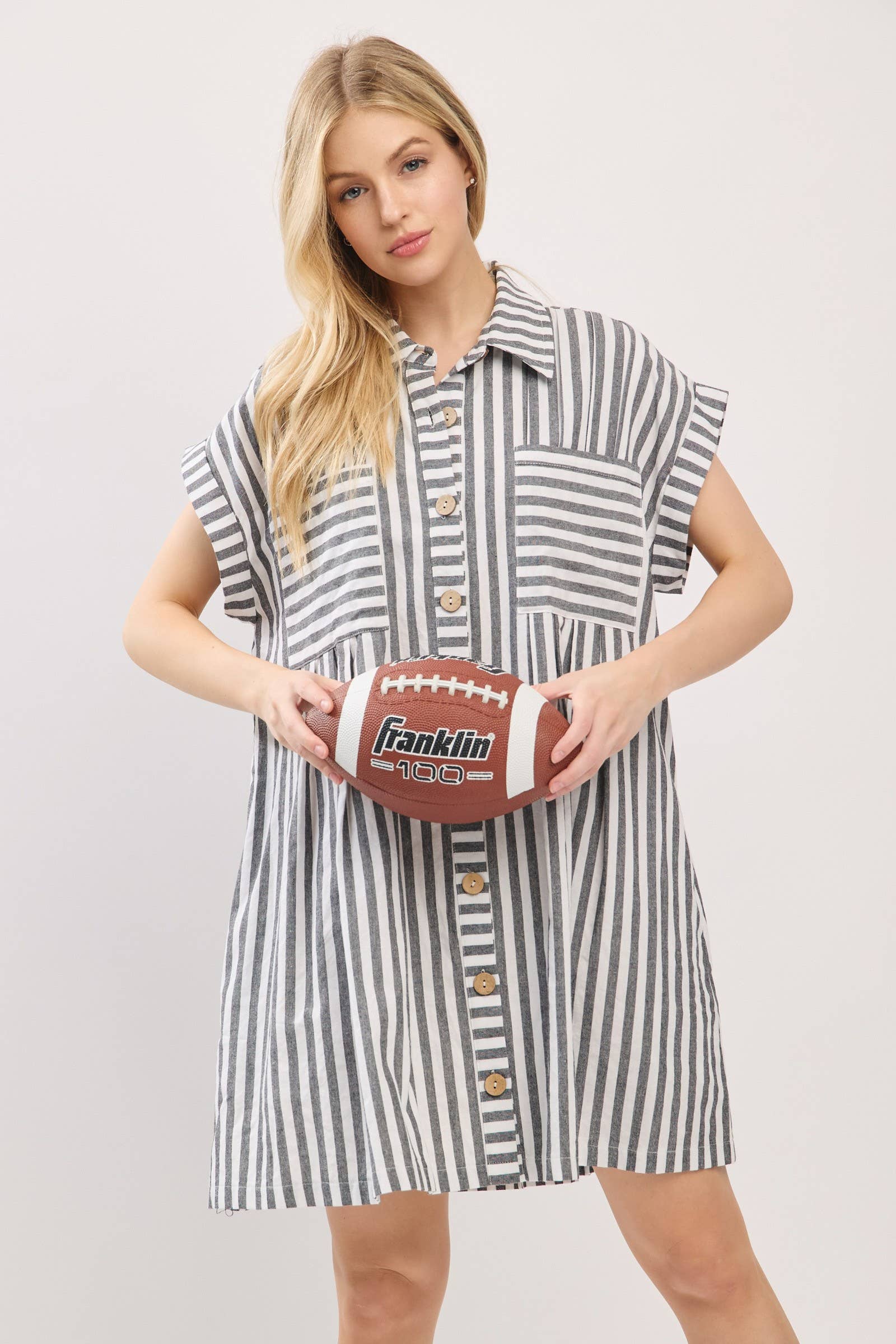 COTTON STRIPED BUTTON DOWN TUNIC DRESS
