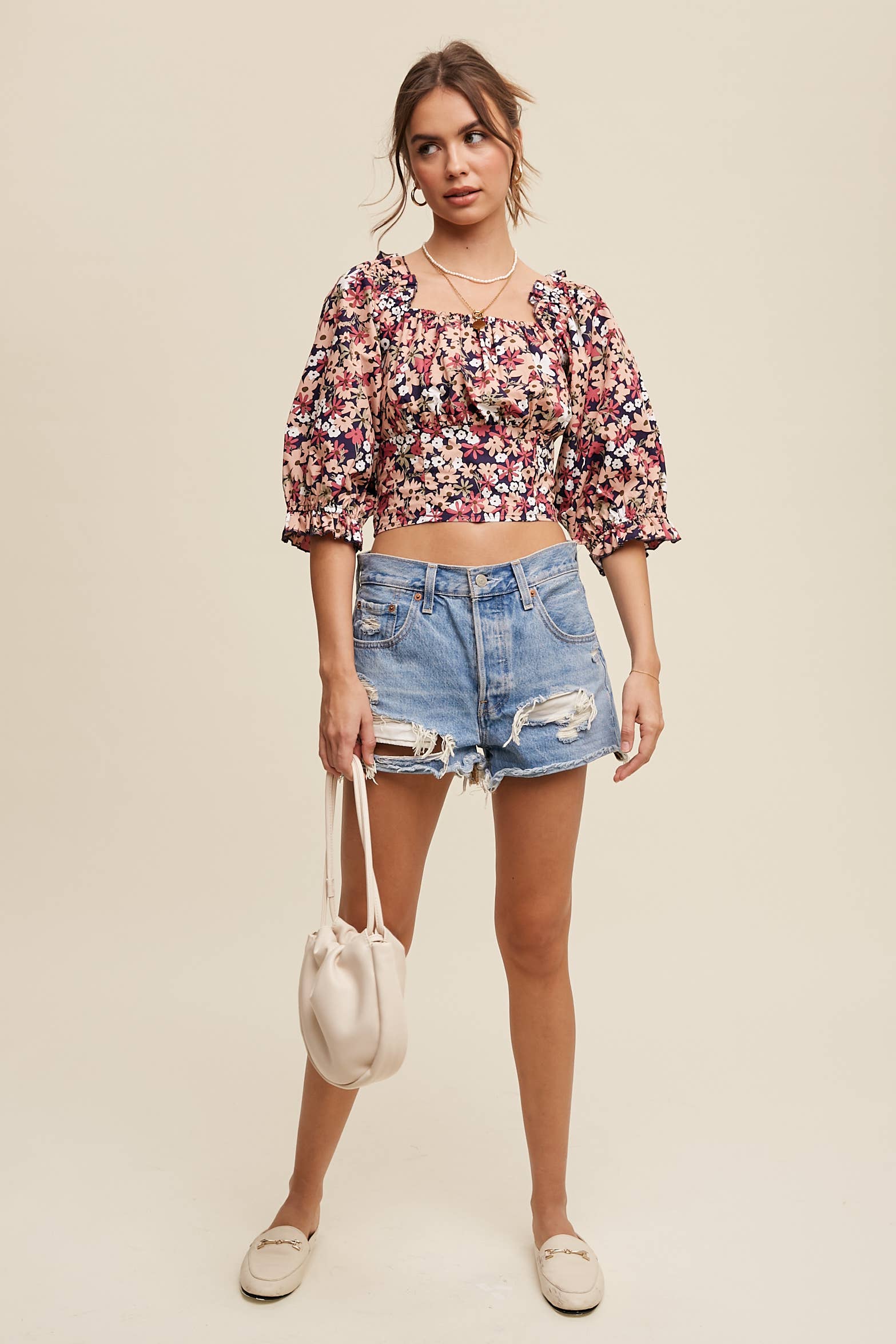 Floral Puff Sleeve Smocked Crop Top
