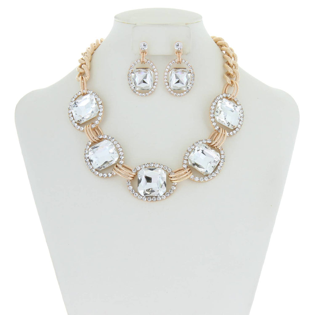 Chunky Oval Rhinestone Gem Link Necklace Set
