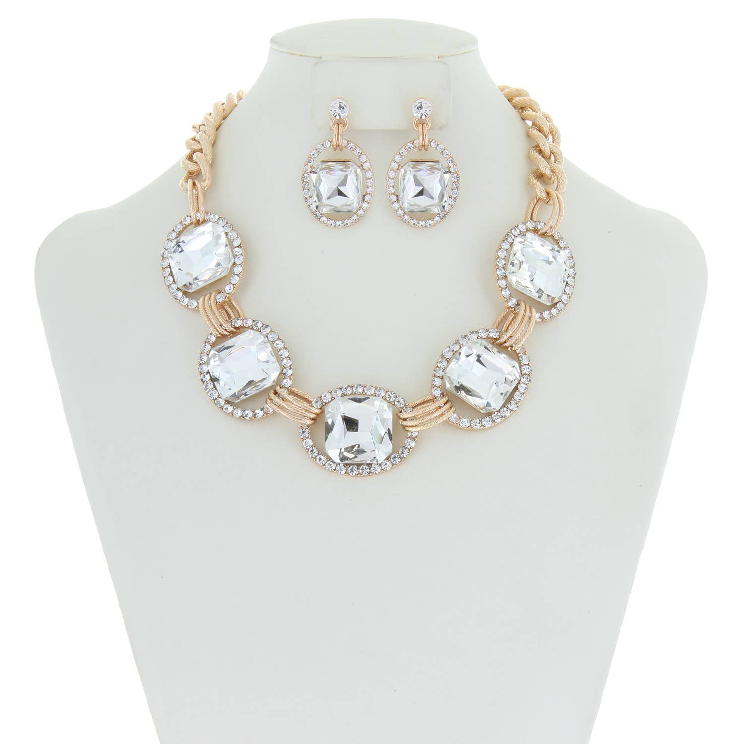 Chunky Oval Rhinestone Gem Link Necklace Set