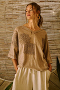 CROCHET PATCH OVERSIZED V-NECK SHORT SLEEVE TOP