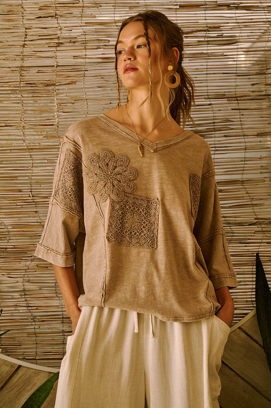 CROCHET PATCH OVERSIZED V-NECK SHORT SLEEVE TOP