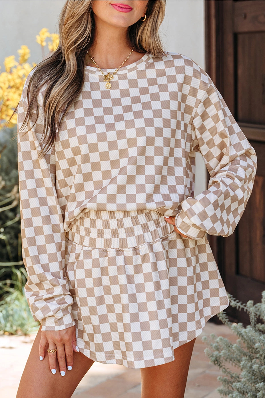 Checkered Long Sleeve Crop Top High Waist Skort