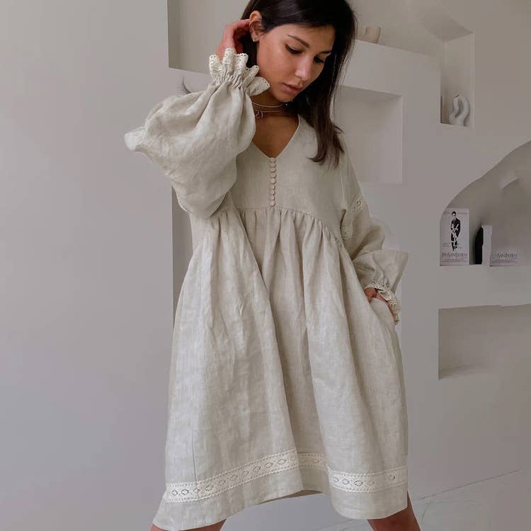 Cotton linen French V-neck lantern sleeve dress