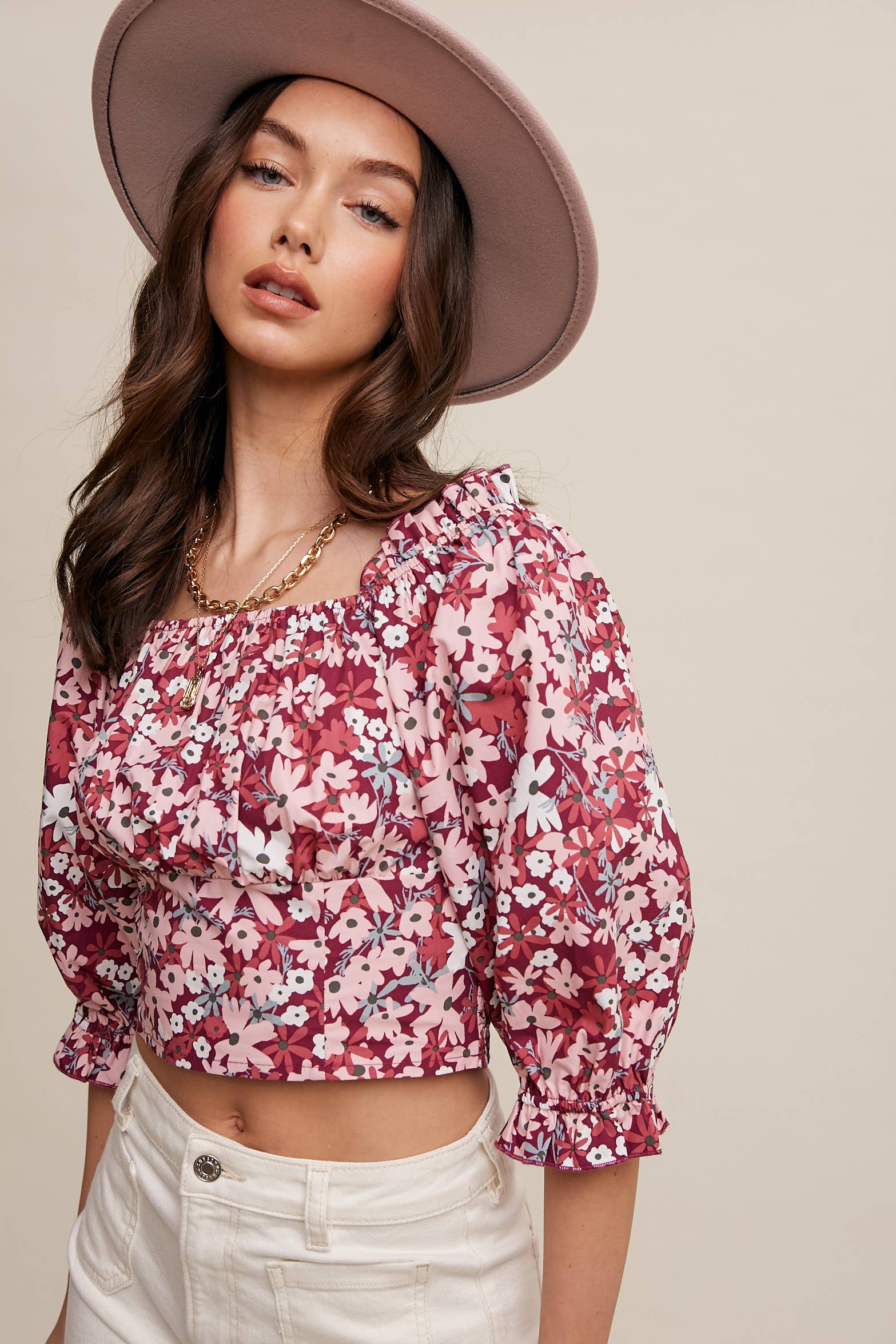 Floral Puff Sleeve Smocked Crop Top