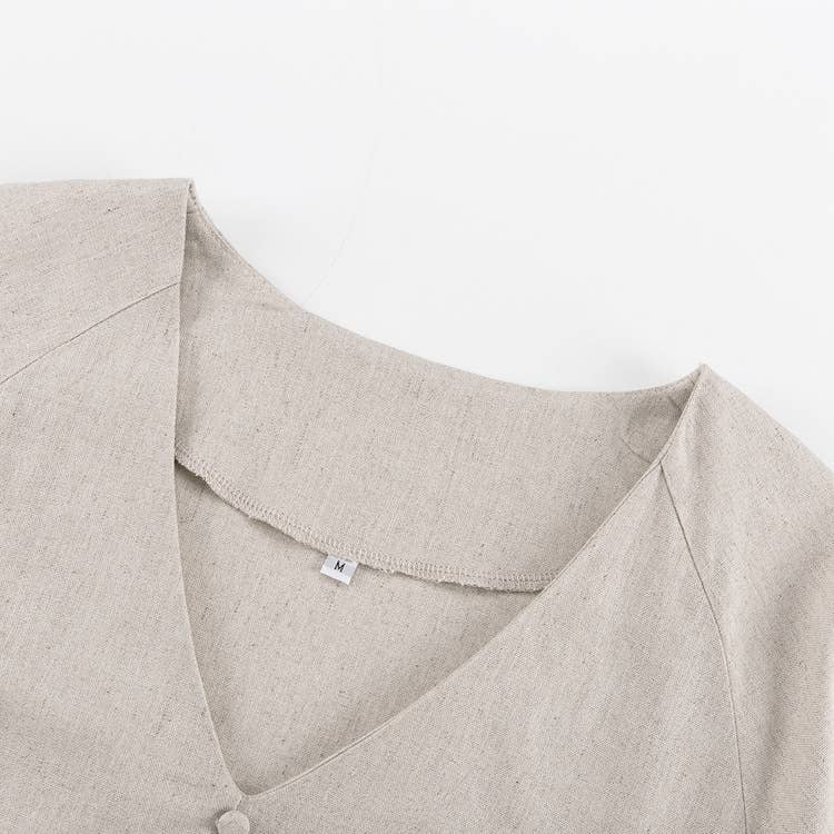 Cotton linen French V-neck lantern sleeve dress