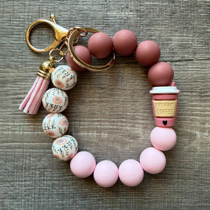 But First Coffee Silicone Bead Wristlet Keychain