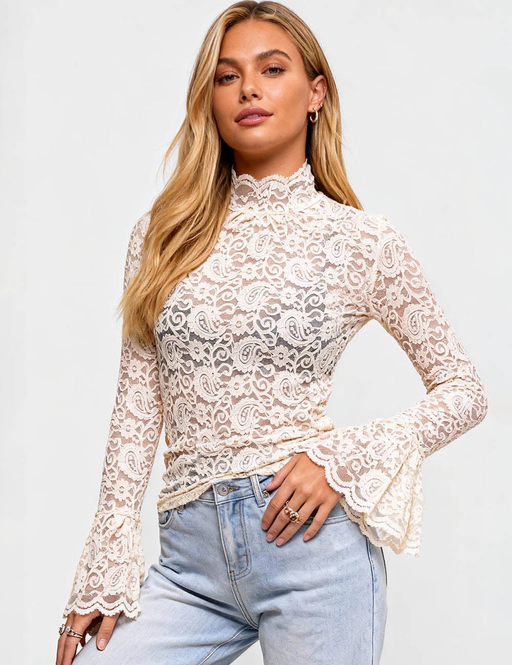 Ladies See Sheer Lace Blouse Layring Top SKT41019